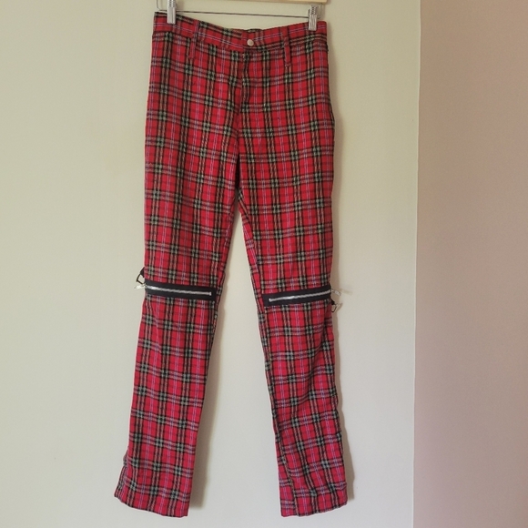 Vintage Pants - Vintage Y2K Plaid Tartan Zipper Bondage  Punk Goth Pants Red